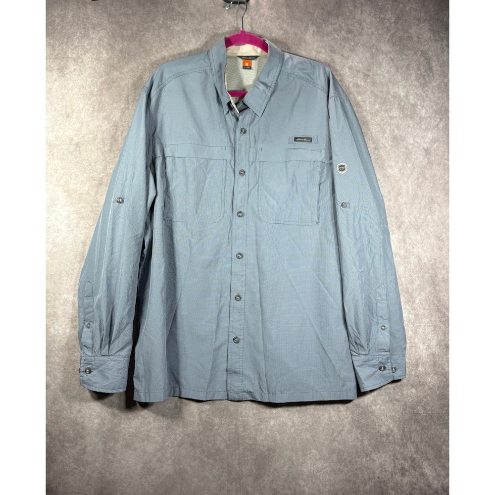 Eddie Bauer Fishing Shirt Mens 2XL Blue Sport Shop Long Sleeve Vented Roll Tab